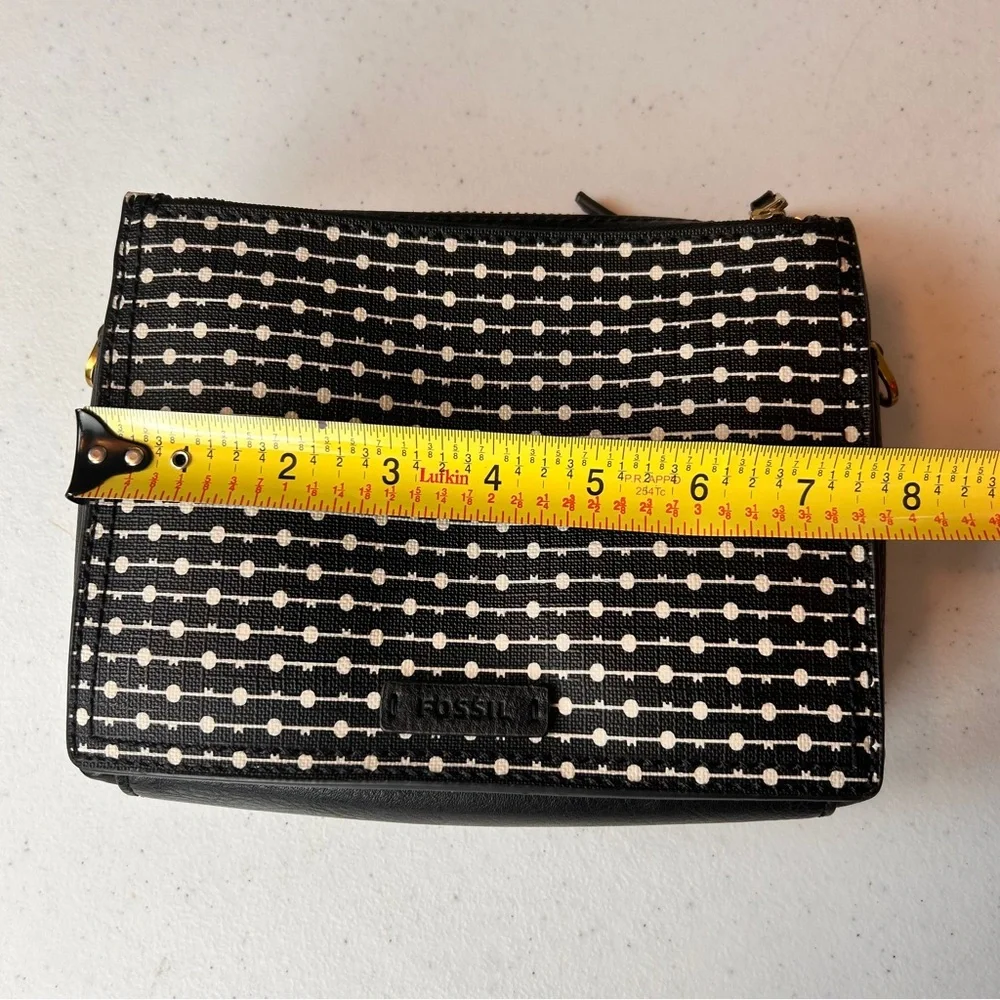 Fossil Black White Key Print Triple Zip Crossbody Bag Brass‎ Hardware